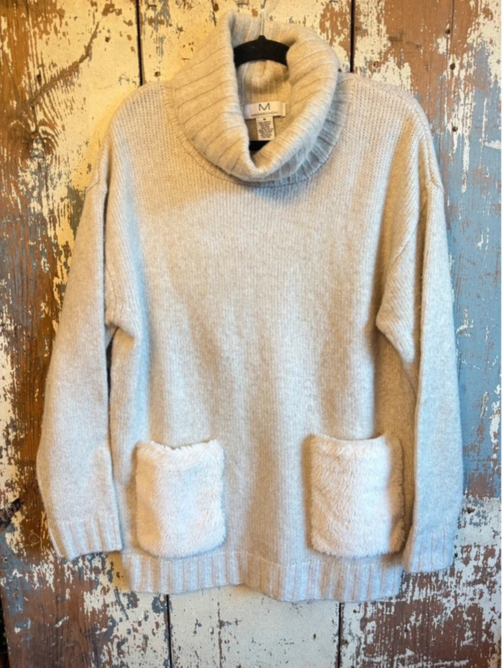 Magaschoni Ivory Angora Blend Chunky sweater faux fur pockets womens size medium